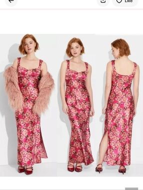 Wild Fable Women’s Satin Maxi Dress Red Floral Bodycon Size M NWT